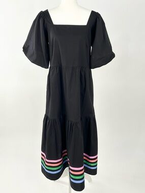 Sugarhill Brighton Black Maxi Dress US 8 Puff Sleeve Rainbow Stripe Cotton